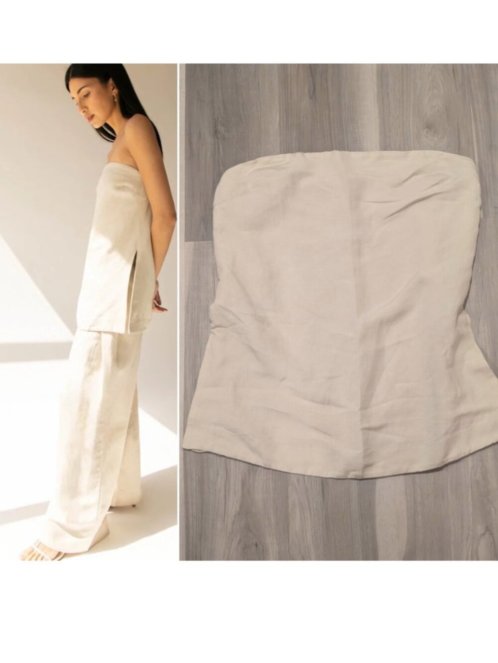 OAK + FORT | Linen Blend Side Slit Strapless Tube Top In Seashell